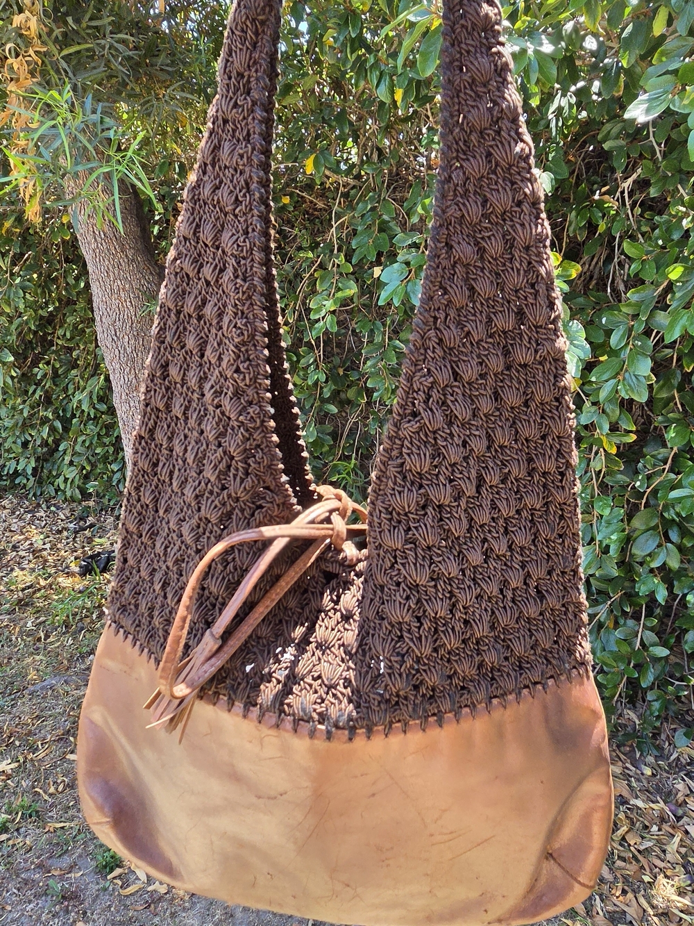 Brown Crochet Shoulder Bag with Leather Base